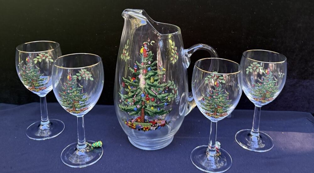 Spode Christmas Christian Pitcher & Wine Water Glasses 5 Pcs EUC
